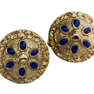 Vintage 90s Frank Usher Round Goldtone Clip Earrings With Blue Glass
